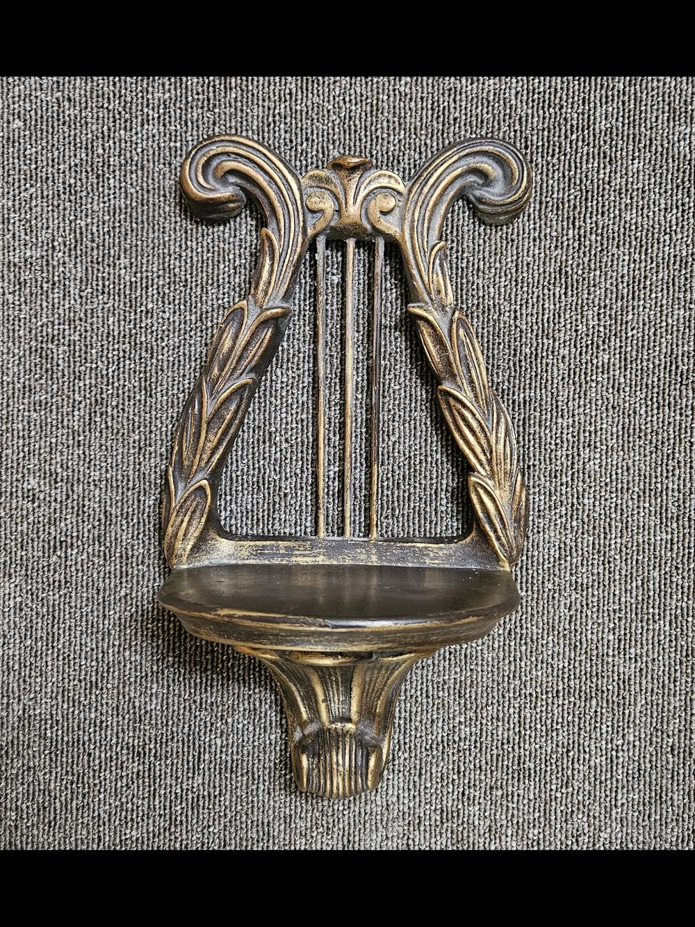 Vintage Chalkware Lyre Harp Shaped Wall Shelf~Bronze Tone 12